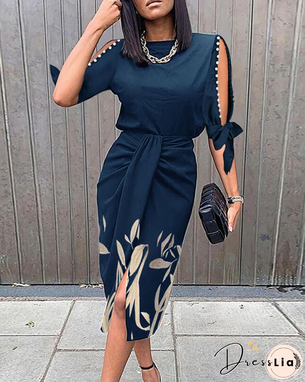 Leaf Print Pearls Decor Knotted Work Dress