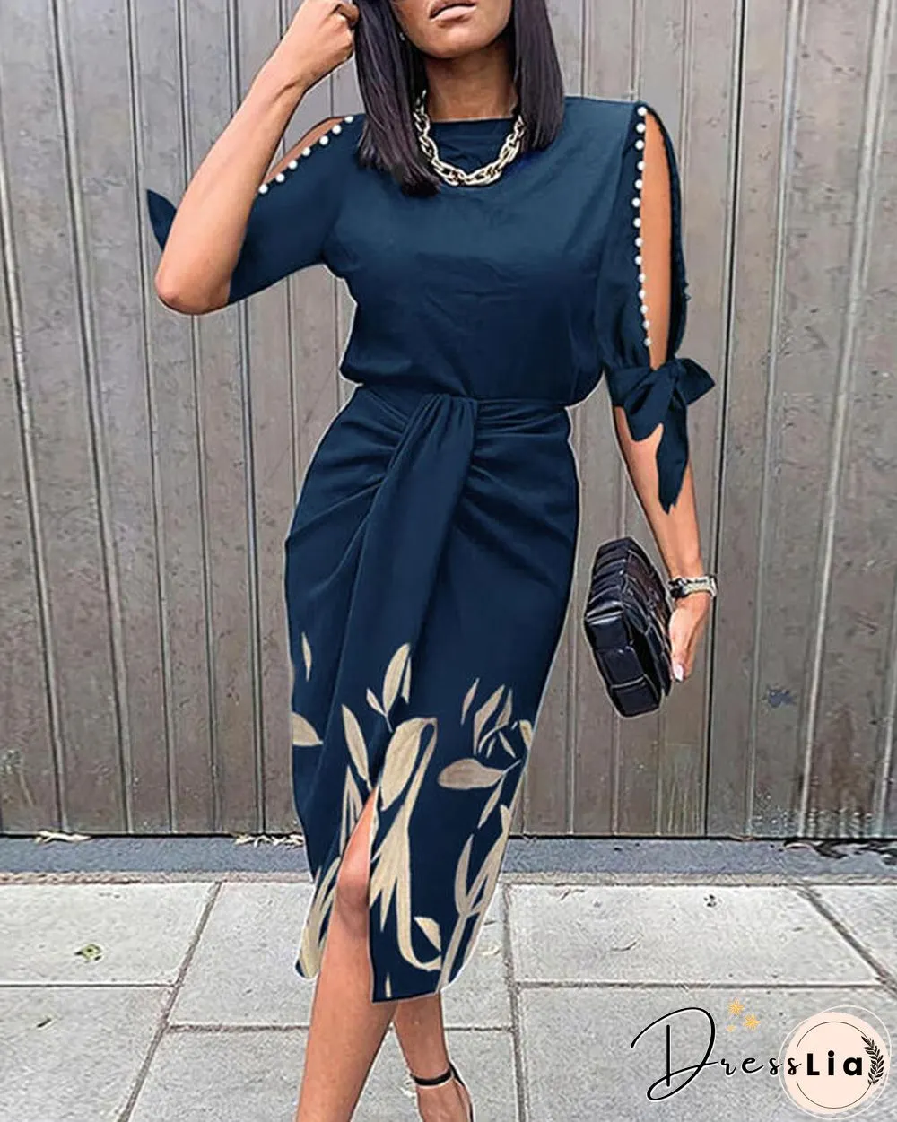 Leaf Print Pearls Decor Knotted Work Dress
