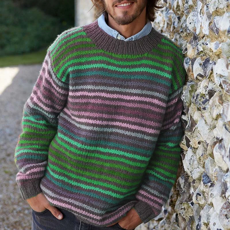 Vintage Rainbow Stripe Knit Jacquard Crew Neck Sweater（Unisex）