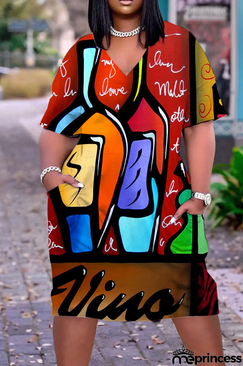 Red Casual Street Print Patchwork V Neck Straight Dresses