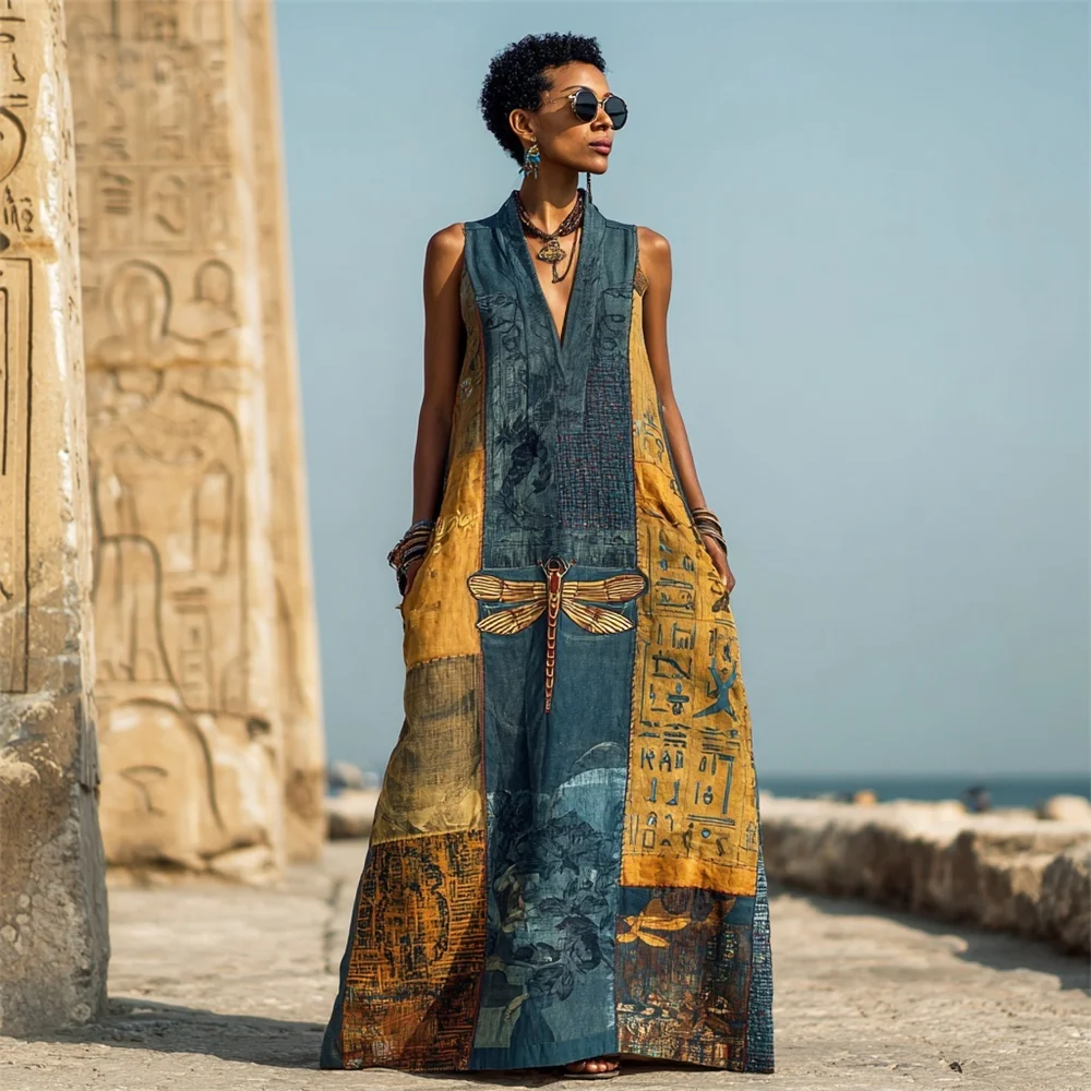 Vintage Egyptian & Dragonfly Color Clash Elements Women's Linen V-neck Vest Maxi Dress