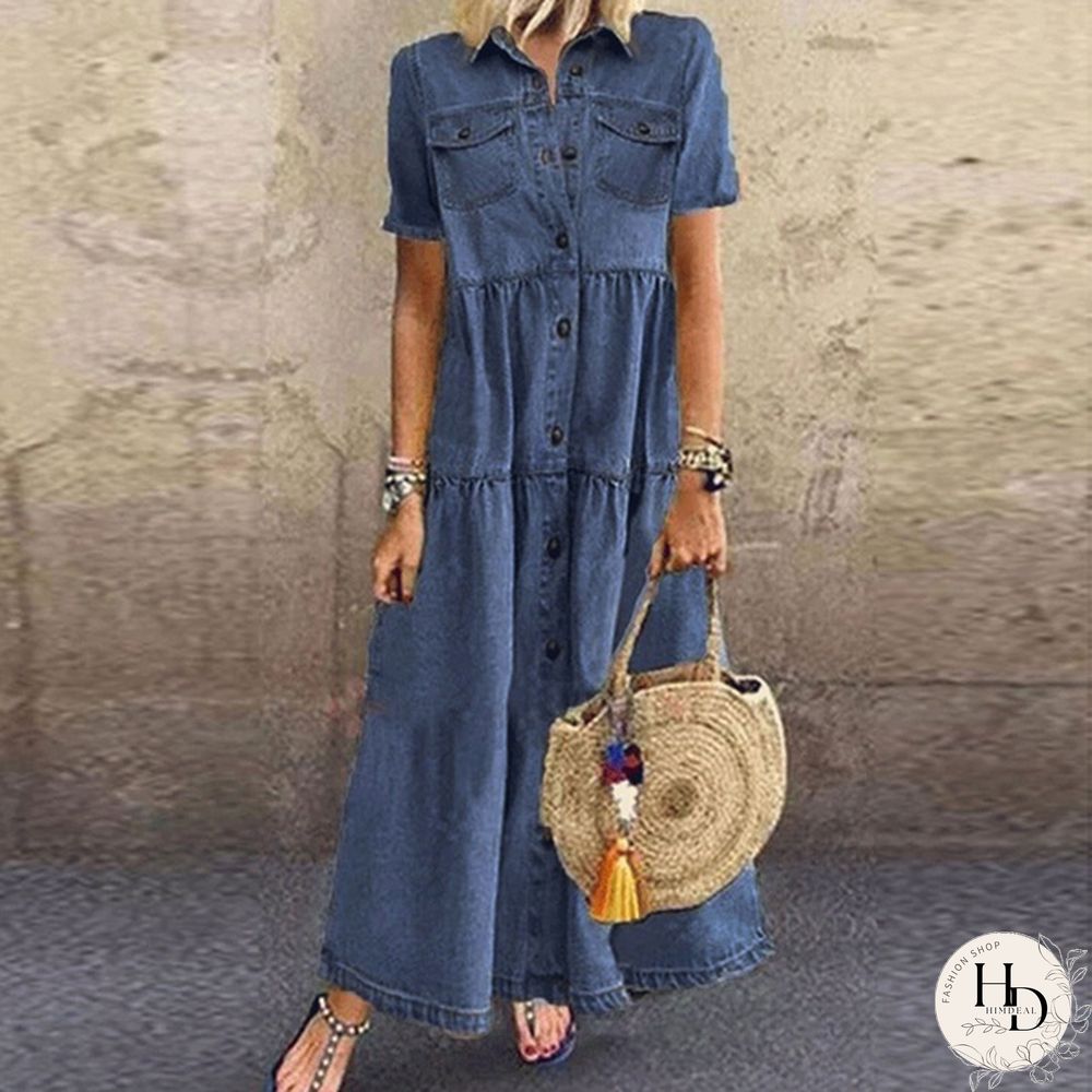 Ladies Summer Autumn Denim Long Skirt Retro Pocket Jeans Long Skirt Ladies Casual
