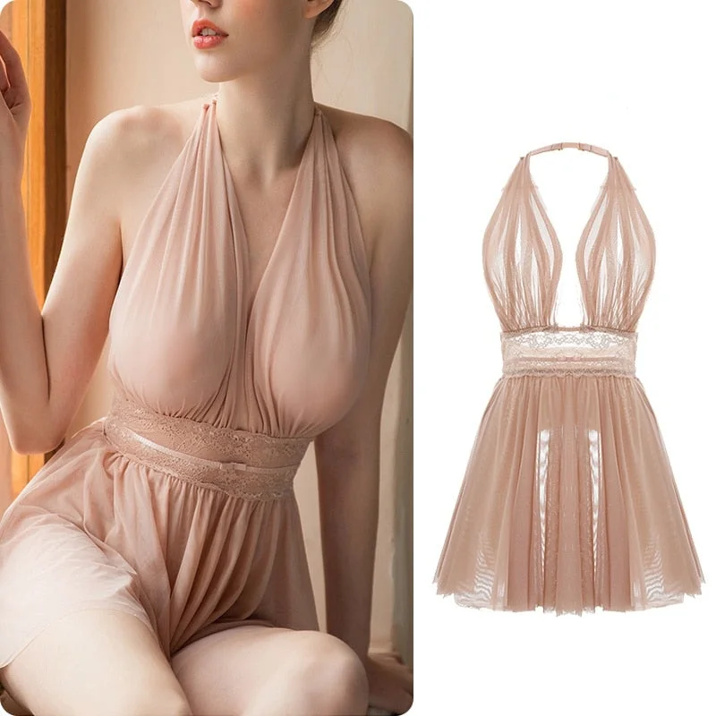 Backless Tulle Nightdress Lace Halter Neck Mesh Underwear Nighty for Ladies Night Dress Sleepwear Women Sexy Lingerie Nightwear