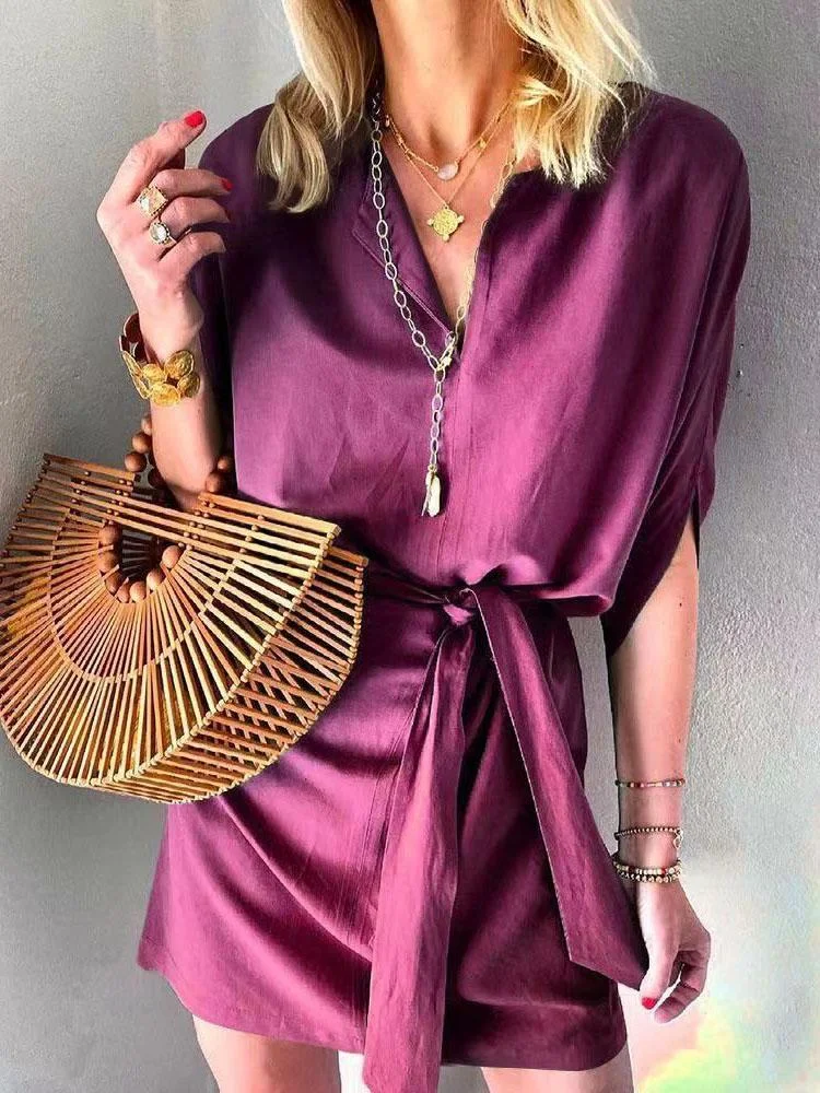 Women Half Sleeve V-neck Solid Color Dress