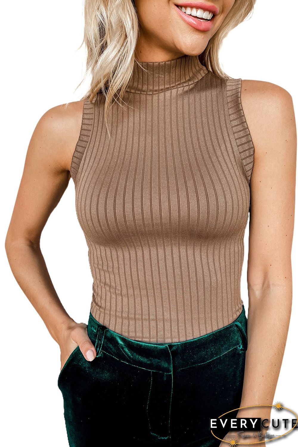 Khaki Ribbed Knit High Neck Tank