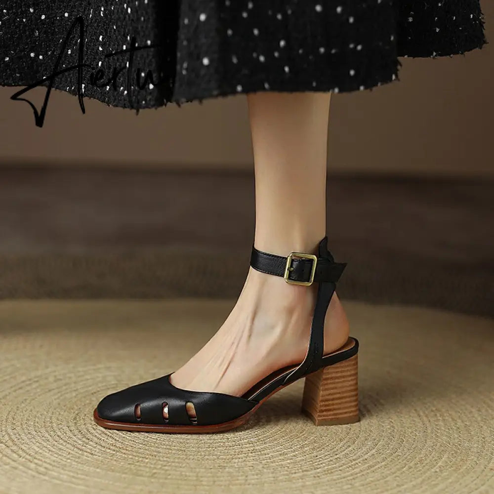 Spring/Summer Women Shoes Cow Leather Shoes Women Covered Toe Chunky Heel Sandals High Heels Shoes for Women Women Sandals Aiertu