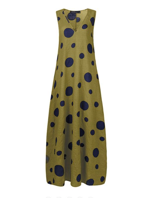 Women's Sleeveless V-neck Polka Dot Maxi Dress