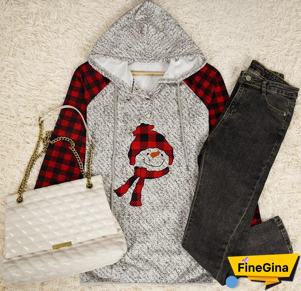 Red and Black Plaid Snowman Buttoned Long Sleeve Sweatshirt