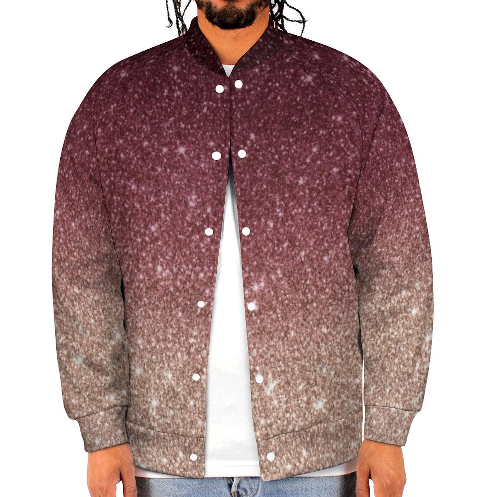 Modern Burgundy Rose Gold Glitter Ombre Sweatshirt Jacket Mens Casual Lightweight Button Up Bomber Jacket Outwear