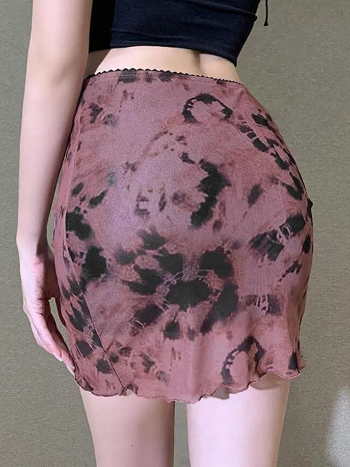 Brownm Tie-Dye Mesh Mini Skirt