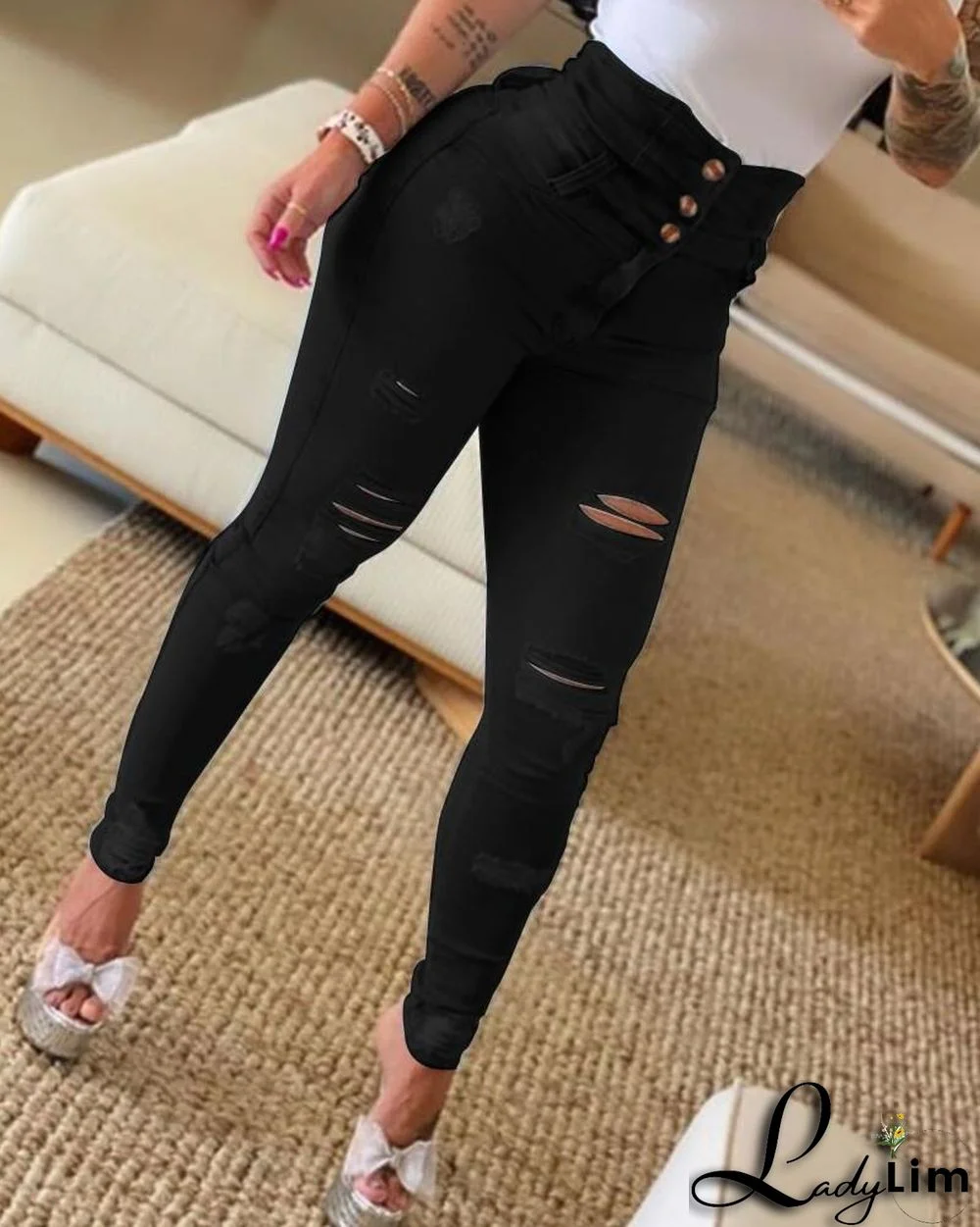 Fall High Waist Slim Fit Denim Pants Women's Ripped Tight Jeans