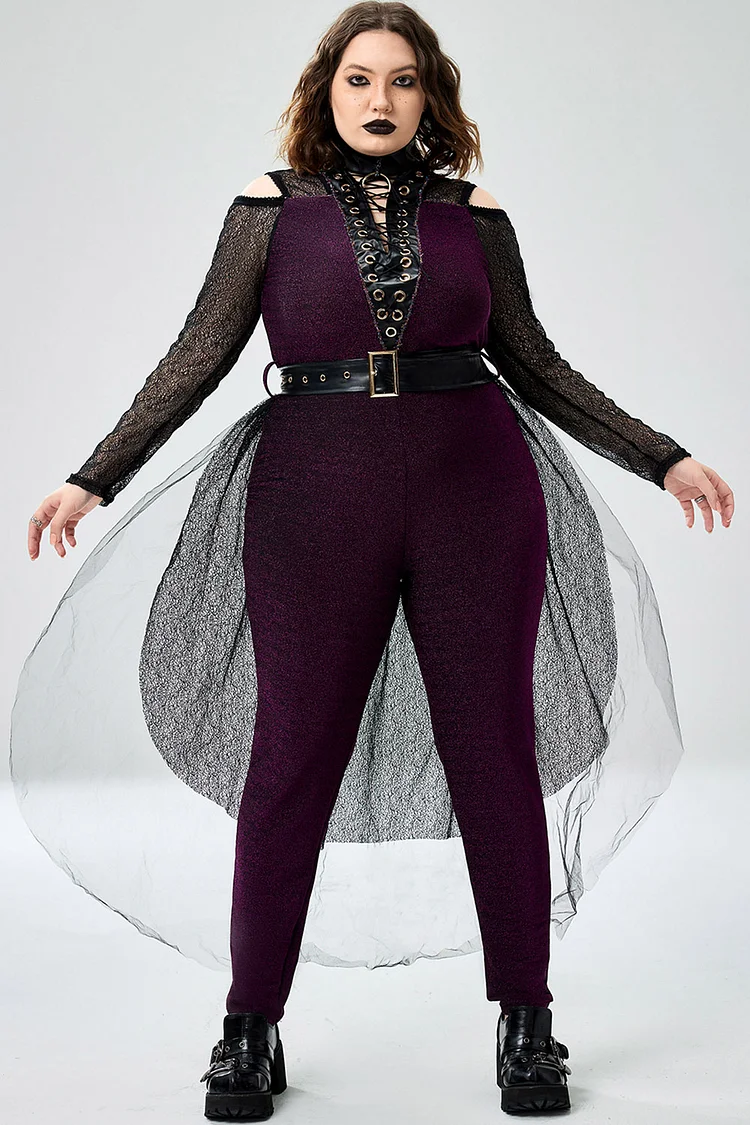 Xpluswear Design Plus Size Halloween Costume Cosplay Purple Witches Lace Up Overlay Skirt Glitter Jumpsuits（Ships 24h）