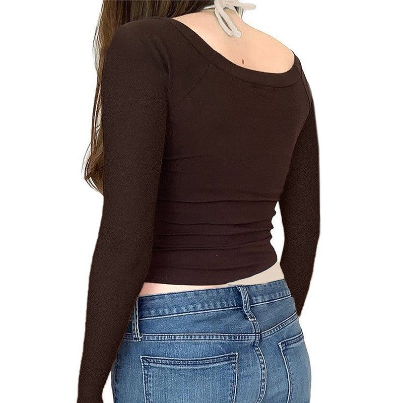 Aiertu fashion outfits Collar Printed Contrast Color Fake Two-Piece T-shirt Autumn Hot Girl Sexy Short Halter aiertu
