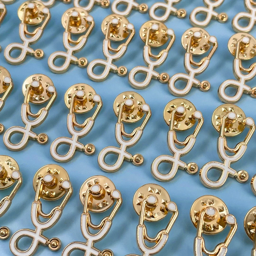 25pc White/Gold Stethoscope Pin Pack