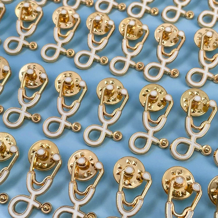 25pc White/Gold Stethoscope Pin Pack