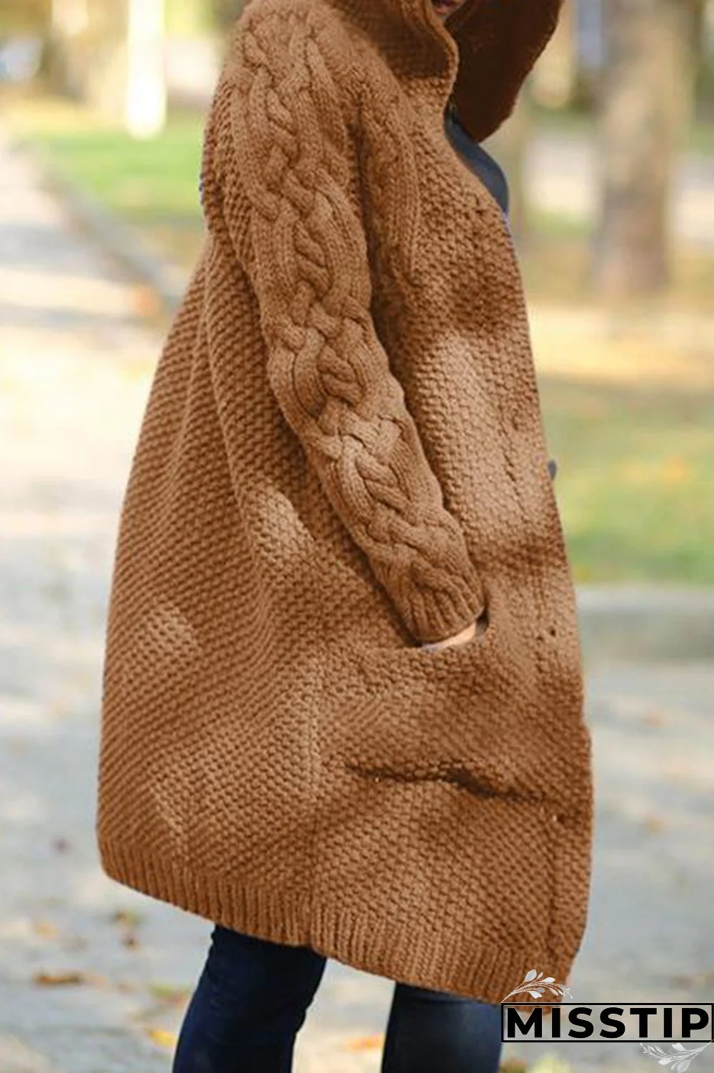 Khaki Casual Solid Cardigan Hooded Collar Outerwear