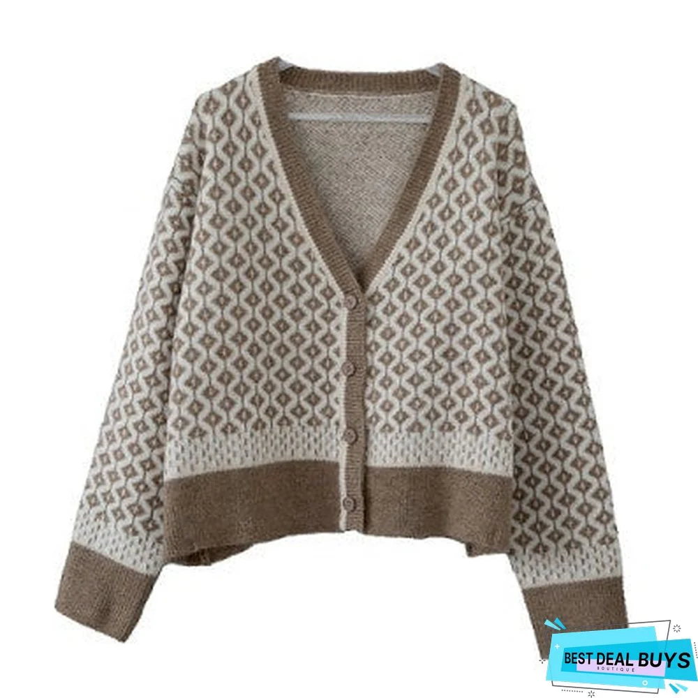 Temperament Contrast Knitted Cardigan Female V-Neck Rhombic Thick Loose Coat Sweater