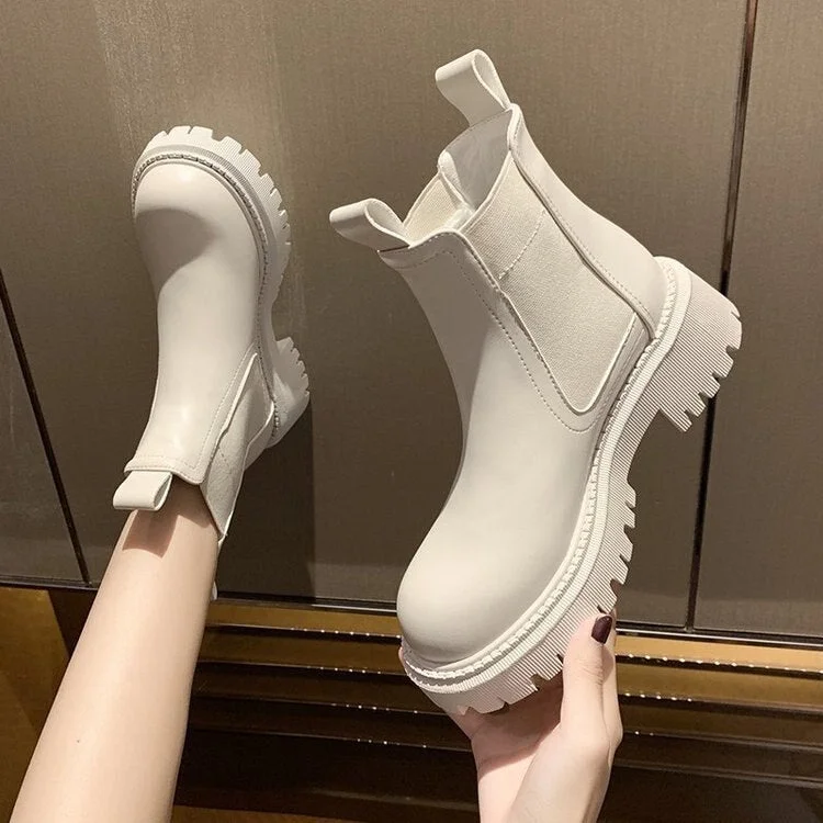 2021 New Chunky Boots Fashion Platform Women Ankle Female Sole Pouch Ankle Botas Mujer Round Toe Slip-On Botas Altas Mujer