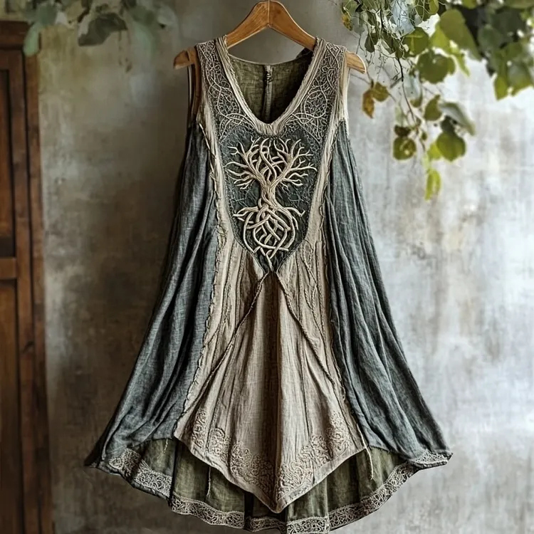 Tribal Life Of Tree Celtic Embroidery Patchwork Art Linen Tank Dress