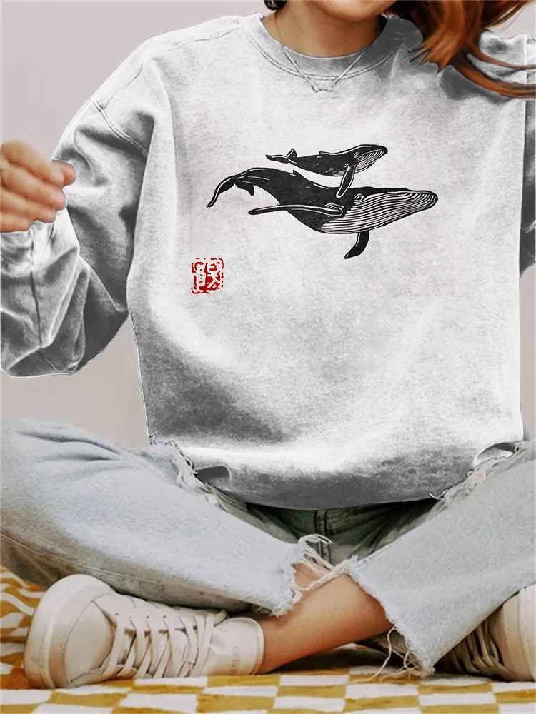 Comstylish Women's Japanese Whale Print Crew Neck Casual Sweatshirt