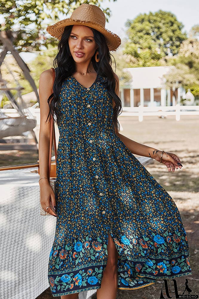 MidiSono - Bohemian V-Neck Printed Gathered Waist Midi Dress