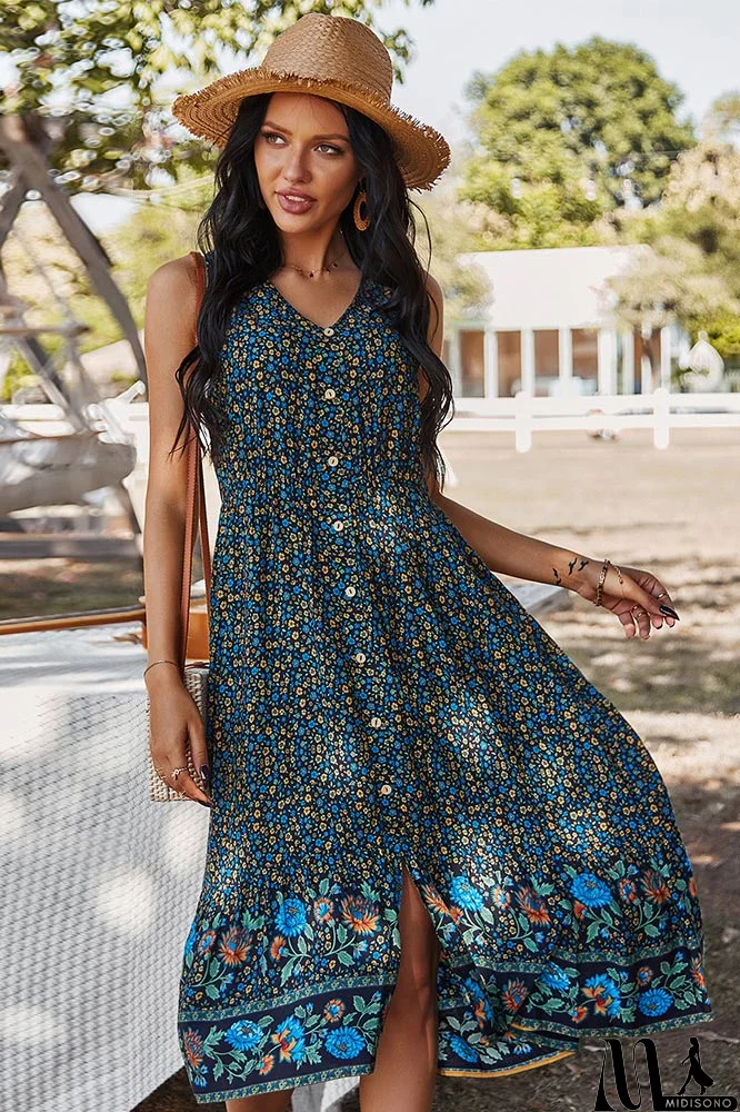 MidiSono - Bohemian V-Neck Printed Gathered Waist Midi Dress