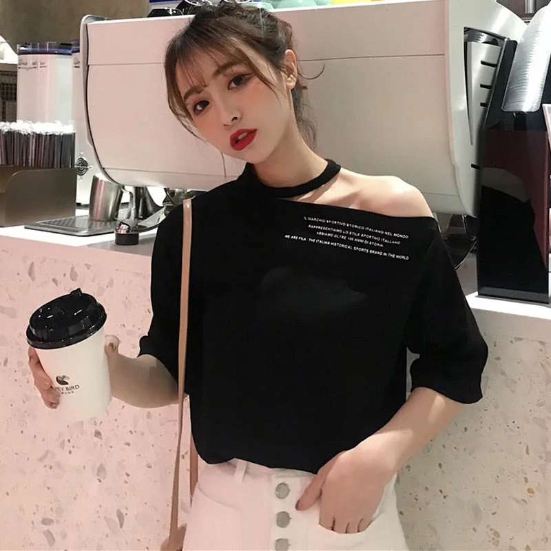 harajuku Simple Letter print T-shirts Female korean sexy Casual T Shirt Women Fashion tshirt O-neck Summer green black white Top