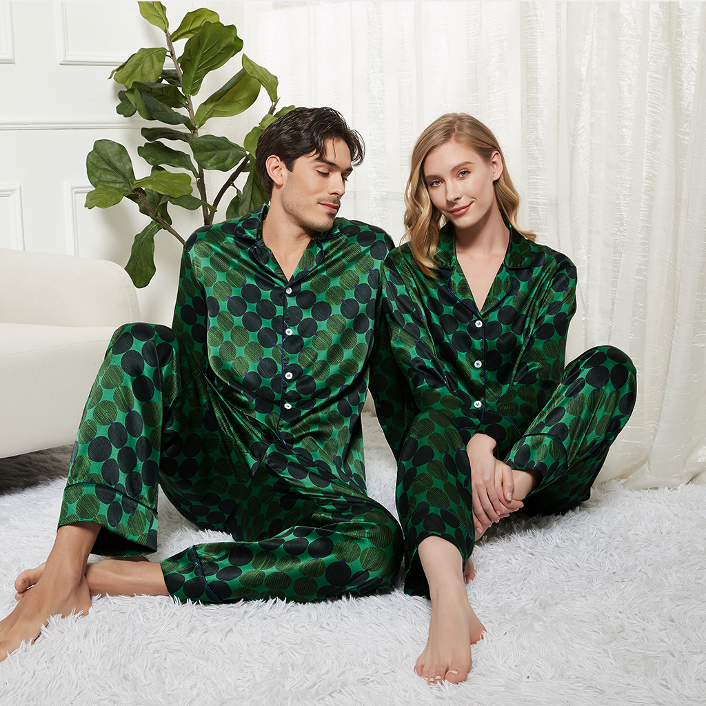 Polka Dot Green Silk Pajamas For Couple REAL SILK LIFE