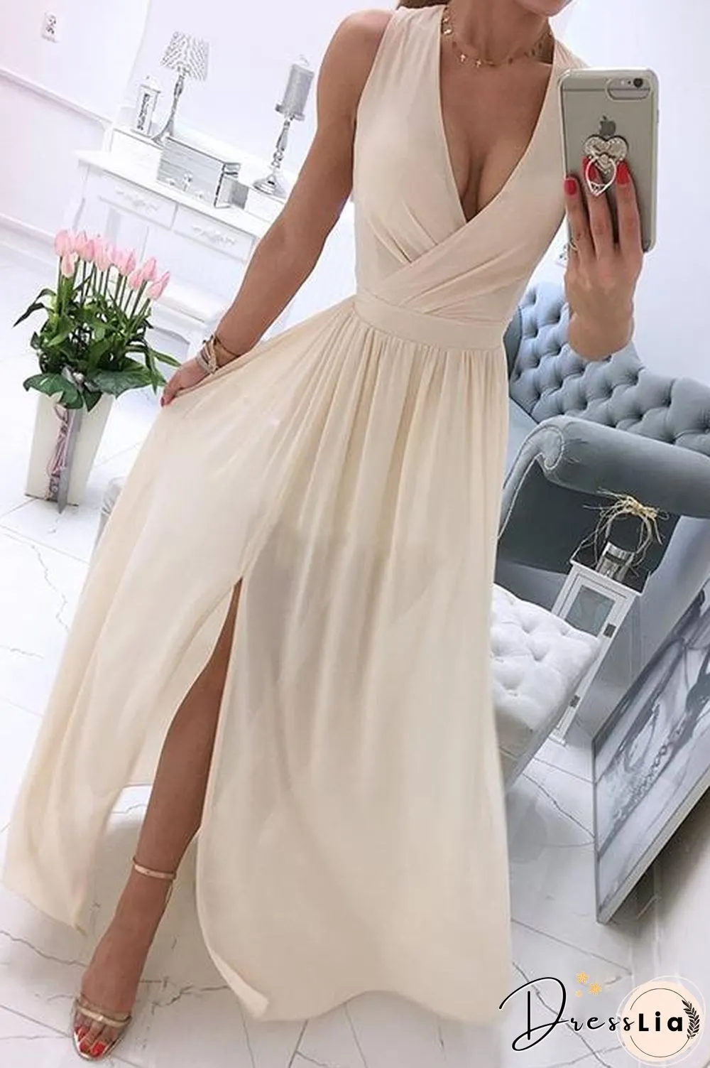 Deep V Neck Slit Maxi Dress