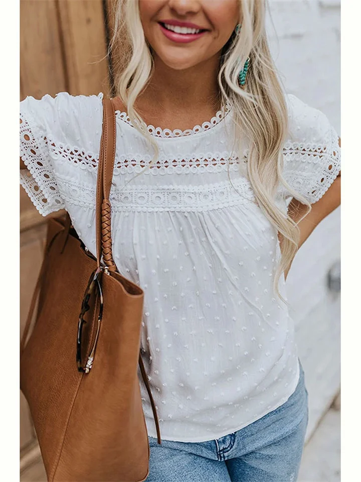 Summer Round Neck Set Head Short Sleeve Lace Tops Female-Hoverseek