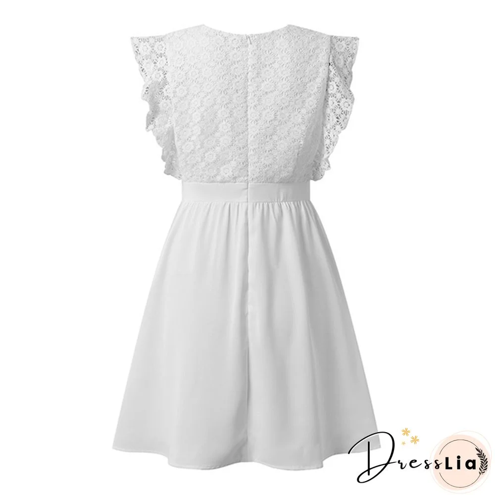 Summer Women Sleeveless Tank Dress Lace Stitching V-neck Ruffle Party Casual Solid Mini Dress Vestidos