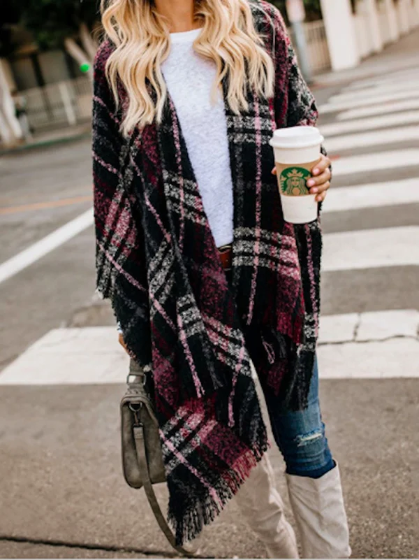 Casual Roomy Plaid Tasseled Cardigan Tops