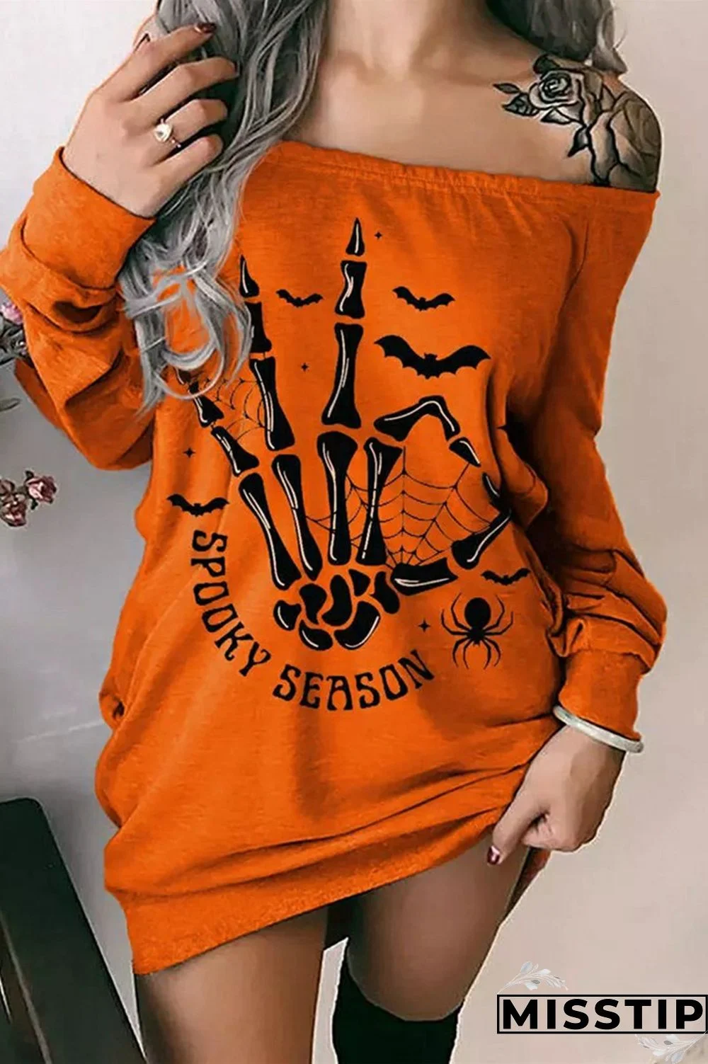 Orange Casual Print Patchwork Off the Shoulder Long Sleeve Dresses