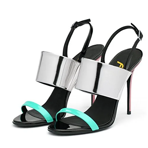 Cyan and Silver Mirror Leather Slingback Stiletto Heels Vdcoo