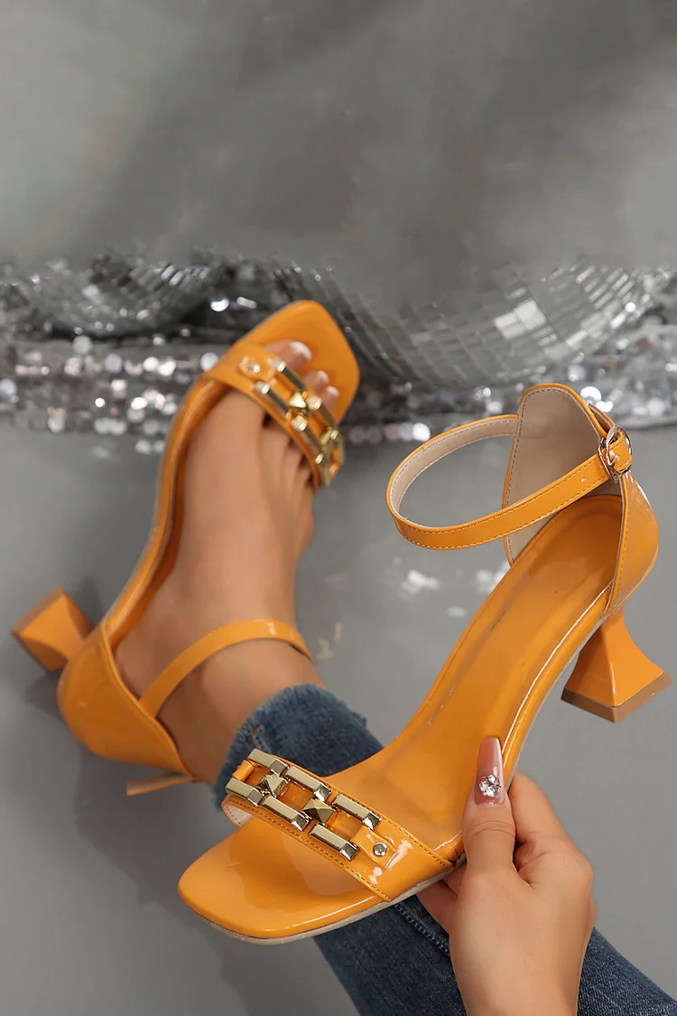 Party Black Studded Buckle Decor Square Toe Chunky Heels Sandals 2024 - Xpluswear