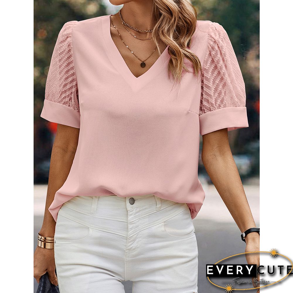 Pink V-neck Mesh Short Sleeved Knitted Blouse