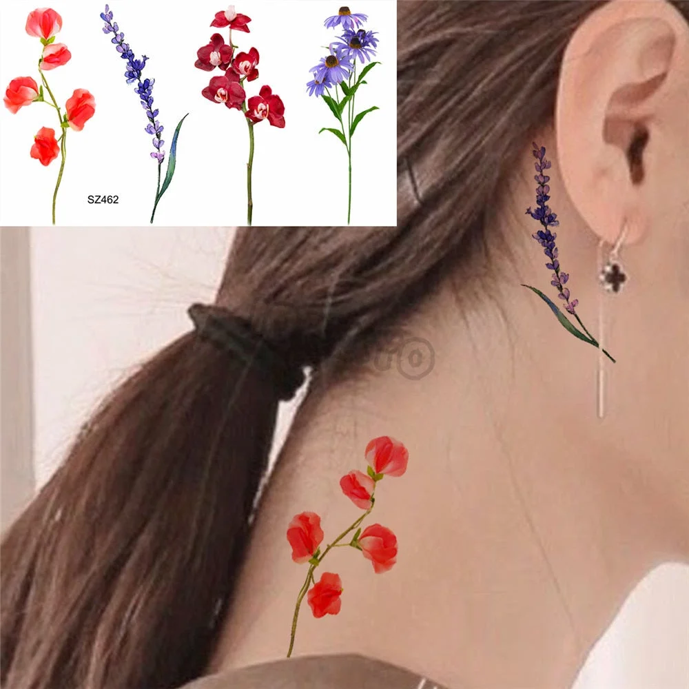 Black Poppy Flower Temporary Tattoos For Women Kids Realistic Lavender Plum Waterproof Fake Tattoo Sticker Tattoo Arm Body