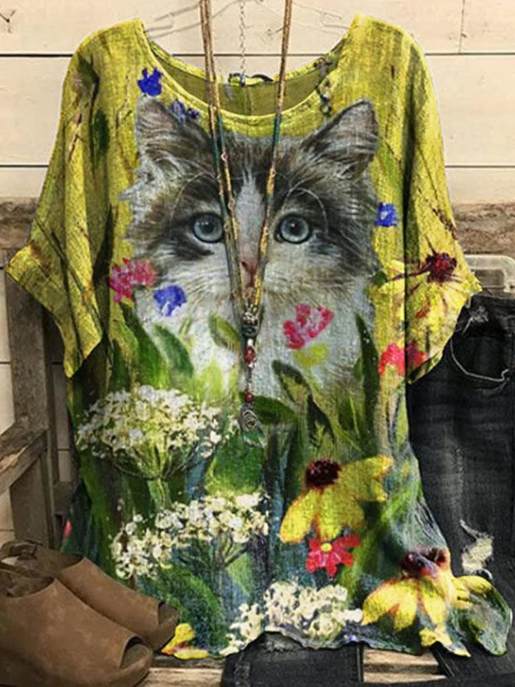 Cotton Linen Cat and Flower Pattern Casual Short Sleeve Tee