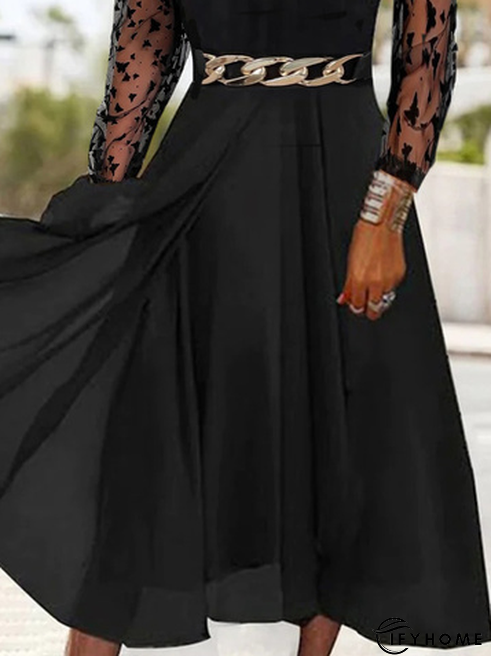 Plain Mesh Long Sleeve Lace V Neck Grommets Casual Dress | IFYHOME