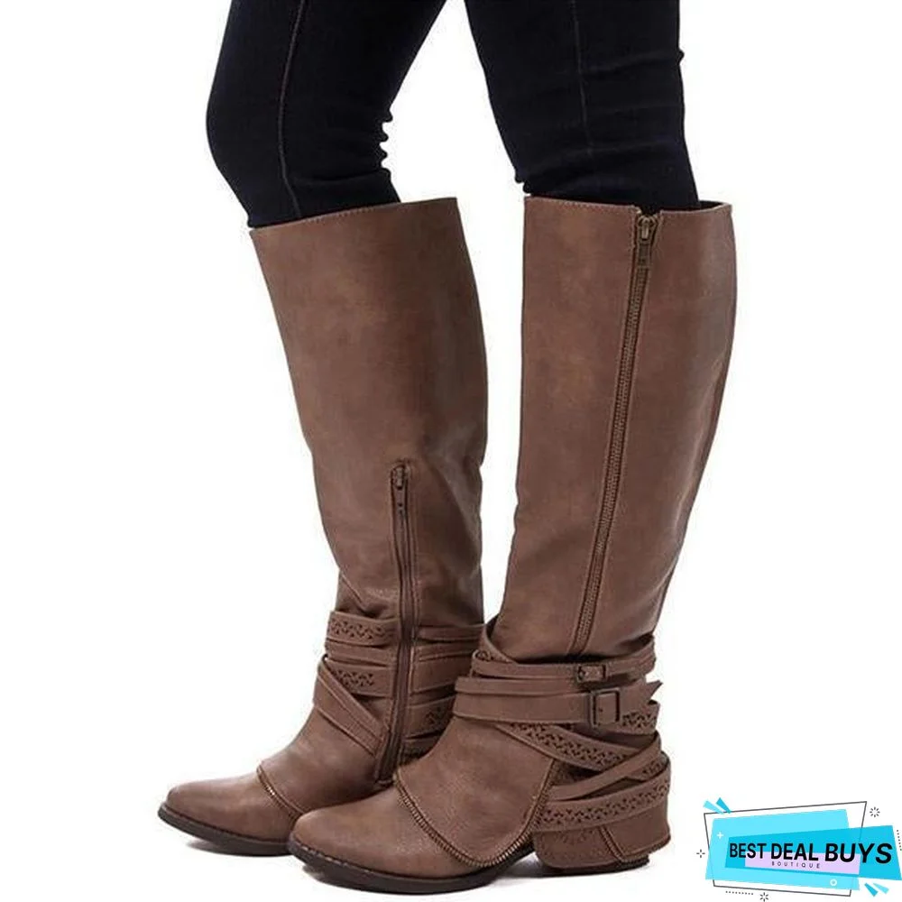 Wide Calf Fashion Thigh-High Bandage Low-Heel Zipper Boots Shoes Mid Calf