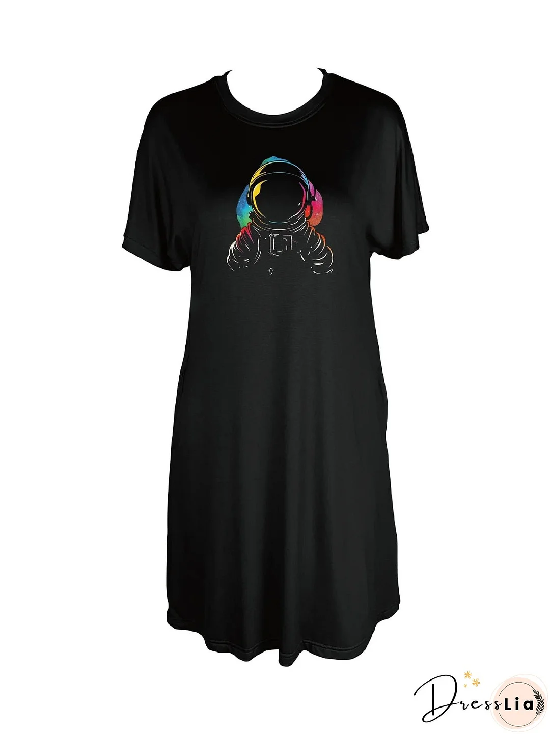 Cosmic DJ Astronaut with Headphones Print Crew Neck Tee Dress Casual Short Sleeve Dress For Spring & Summer Women's Clothing