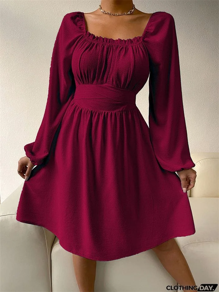 Temperament Trendy Lady Square Neck Long Sleeve High-waisted A-line Dress