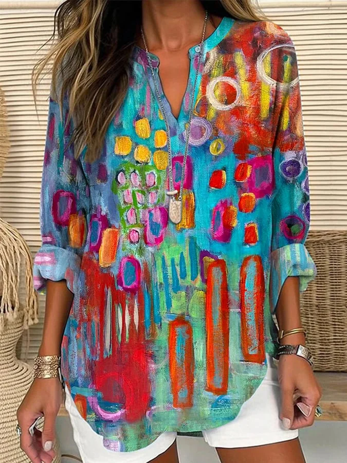 Women's Vintage Colorful Geometric Print Casual Linen Blouse