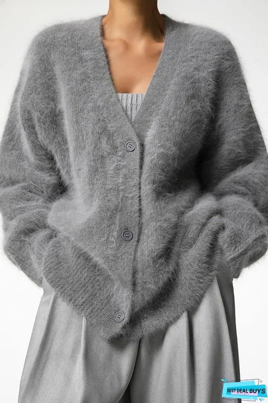 Solid Color Loose V-neck Long-sleeved Lazy Knitted Cardigan
