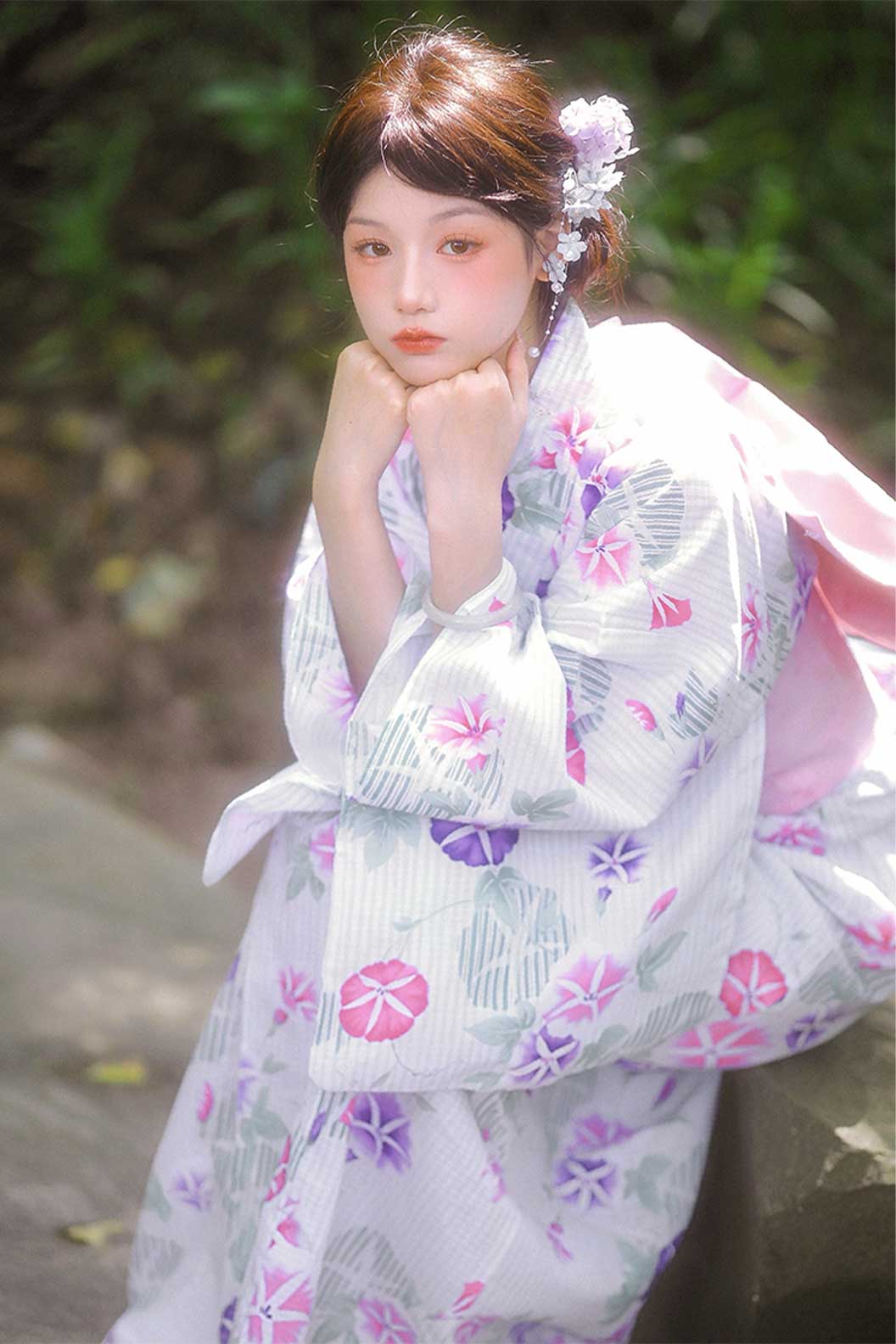 Yukata Kimono with White Robe and Pink-Purple Morning Glories - なつまつり Stupa Stones