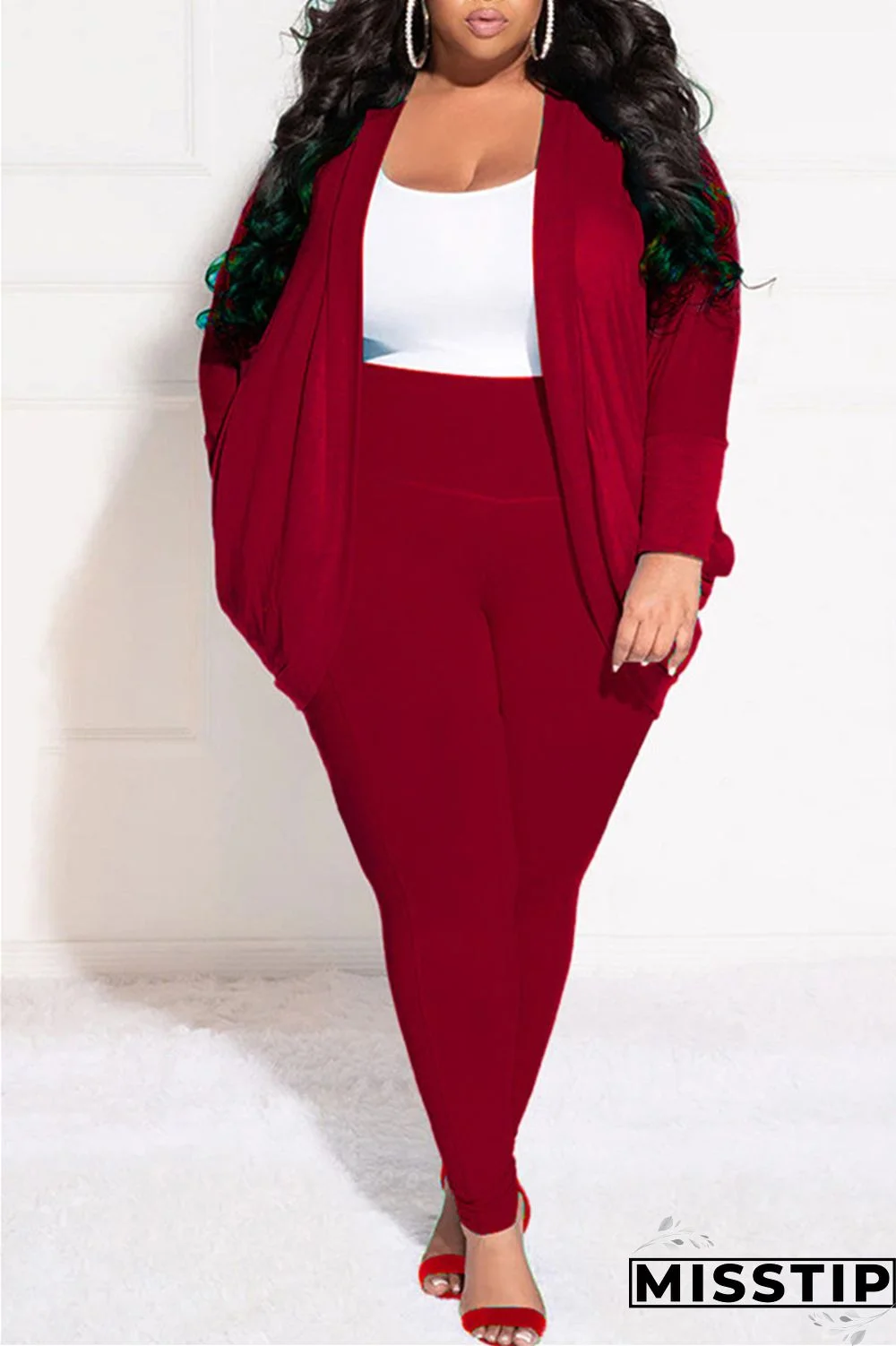 Burgundy Casual Solid Cardigan Pants Cardigan Collar Plus Size Two Pieces