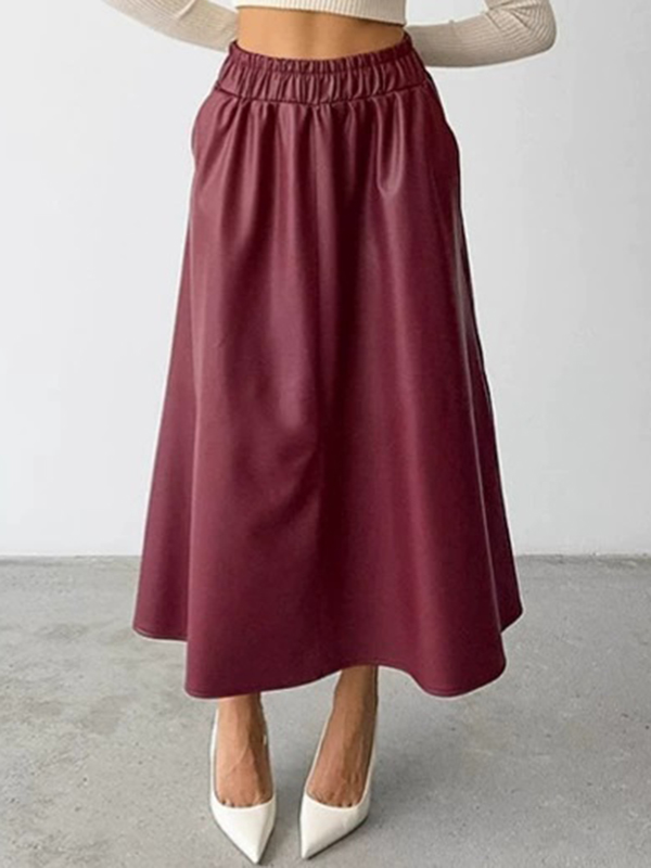Fur-lined Artificial Leather A-Line High Waist Skirt