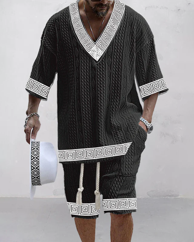 Men's V-neck luxury textured print shorts Set 93
