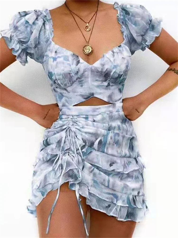 Floral Ruffle Pleated Puff Sleeve Mini Dress