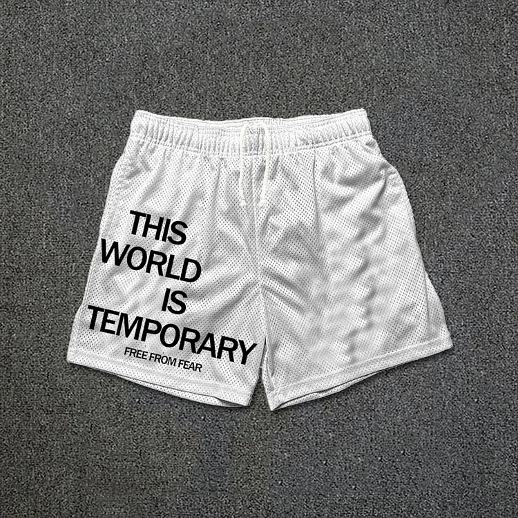 This World Is Temporary Print Drawstring Mesh Shorts SOPULA